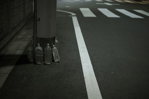 電柱の根元に用意された猫除けのペットボトル