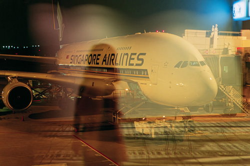 空港ターミナルの窓に映る女性の影と駐機する飛行機