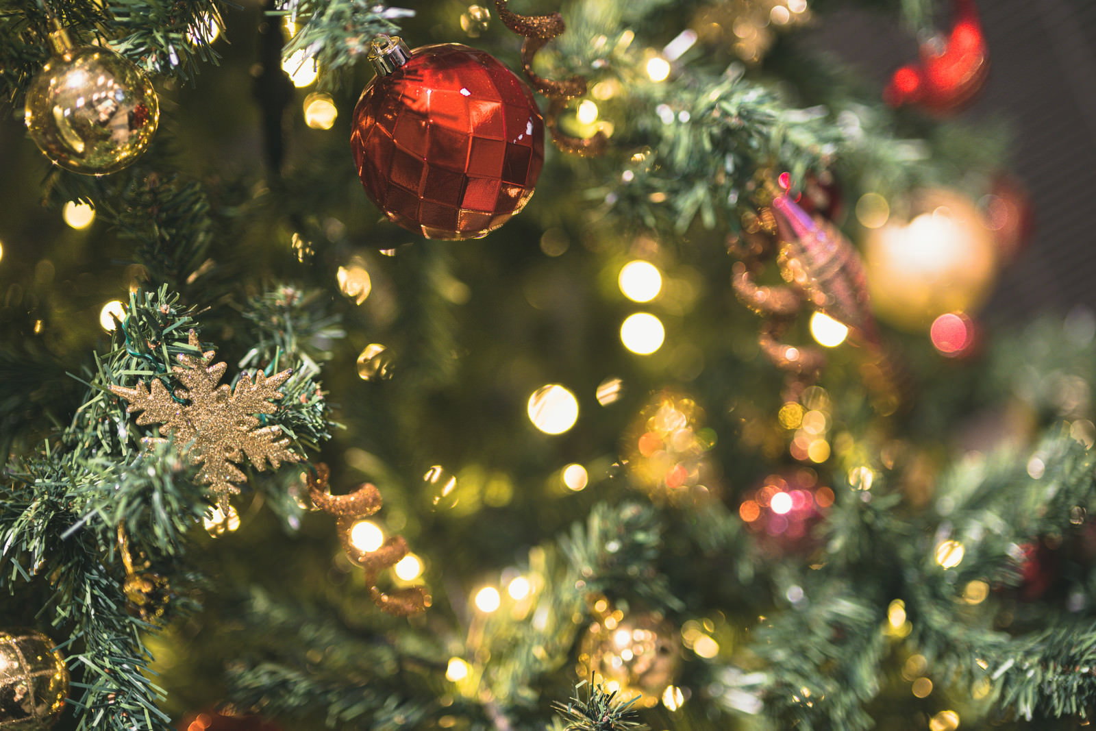 赤や金色のオーナメントで装飾され、ライトで美しく照らされたクリスマスツリー