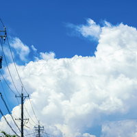 電柱と大きな入道雲が立ち上がる夏空の写真