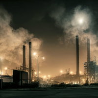 夜間稼働の工場プラントから立ちのぼる煙と煙突群の写真