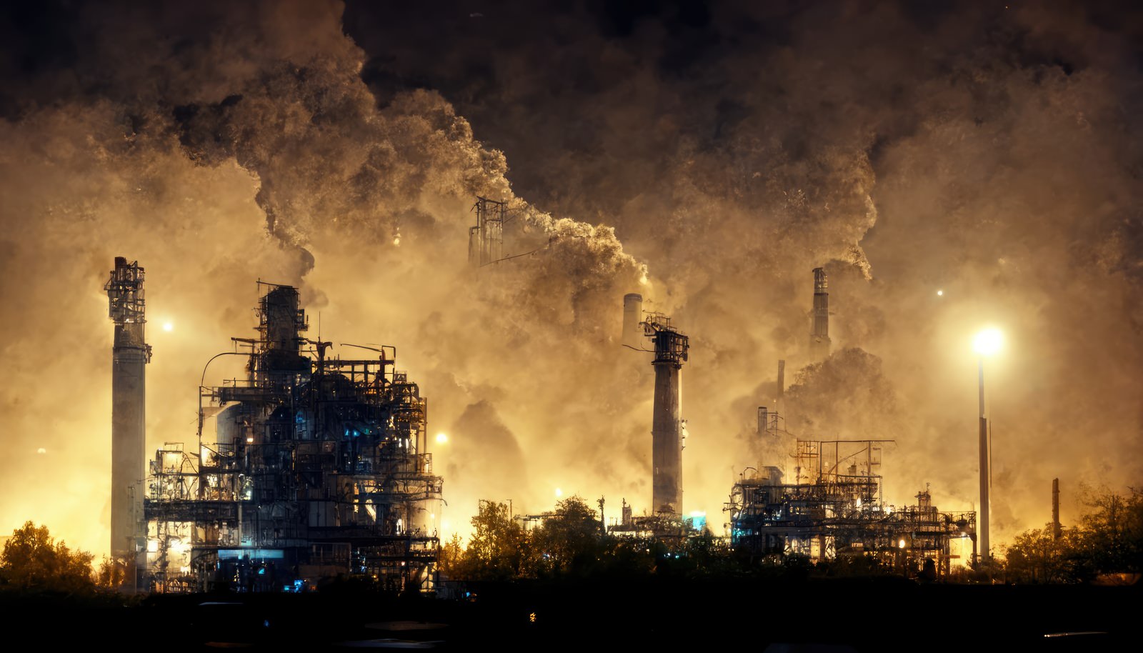 Massive yellow-brown smog rising from the industrial zone at night