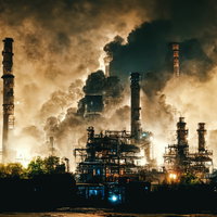 夜間稼働する工業地帯の大気汚染と排ガス問題の写真