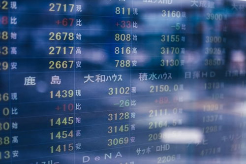電光掲示板に映る株価と相場データ、リアルタイム市場情報