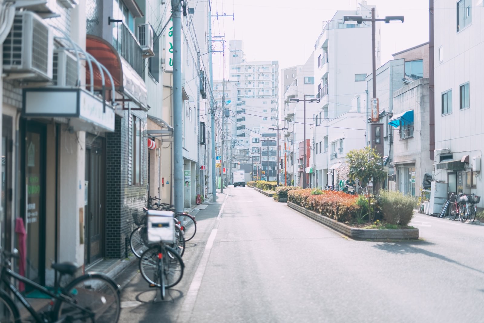 吉原の花園通りを撮影した写真。静かな住宅街の道路沿いに建物が並んでいる
