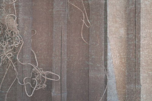 網戸越しに見える壁のテクスチャーと網目パターン