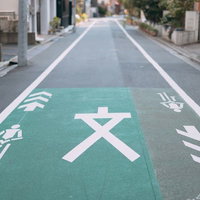 スクールゾーンの路面表示にある緑色の文字と矢印の写真