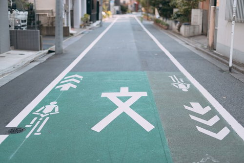 スクールゾーンの路面表示にある緑色の文字と矢印