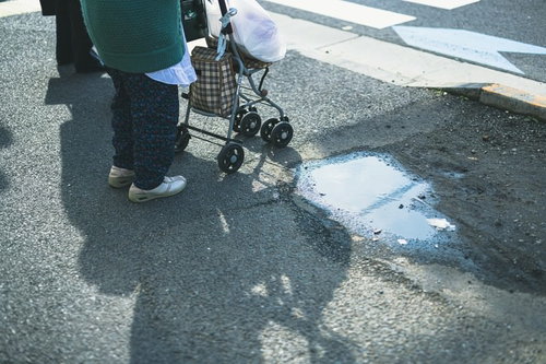 歩道に伸びる手押し車の影と水たまり、高齢者の買い物風景