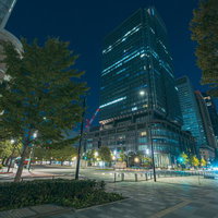 深夜の行幸通り前に佇む新丸の内ビルディングと高層ビル群の写真