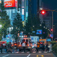 新宿の繁華街で横断歩道を渡る人びと（夜間）の写真