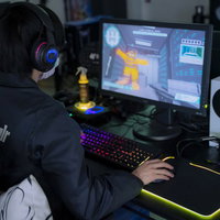 ヘッドセット装着してPCゲームに没頭するプロゲーマー選手の写真