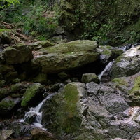 岩を穿つ流れ、登山道の渓流 山道沿いの清流風景の写真