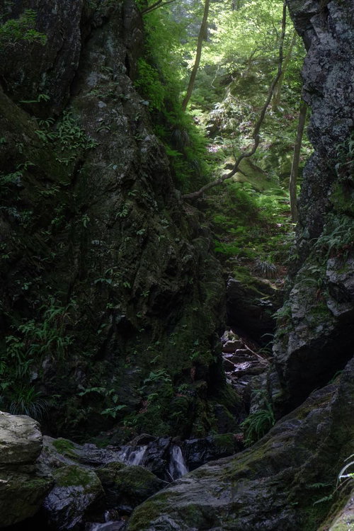 棒ノ嶺の牢門を通る山道と渓谷の岩場を行く登山道