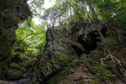 登山道に立ちはだかる岩の門と緑豊かな森林風景