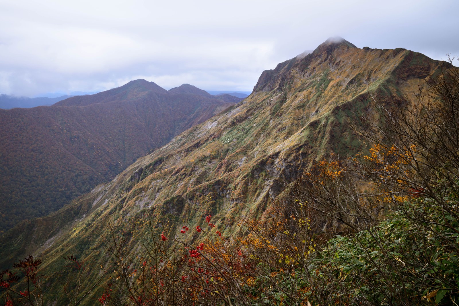 秋の紅葉に染まった谷川岳の山稜と遠くに連なる山々