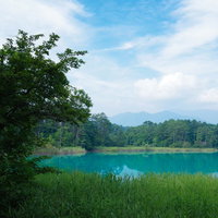 福島県五色沼の弁天沼、エメラルドグリーンの水面の写真