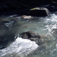 夏のおだやかな渓流を流れる清流と岩場の水しぶきの写真