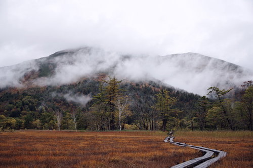 霧に包まれた至仏山と紅葉する尾瀬ヶ原の秋景色