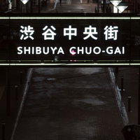 夜の渋谷中央街に設置された白い看板と街灯の写真