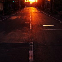 光が溢れるアスファルトの夜明け、朝日が昇る道路風景の写真