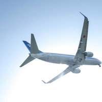 全日空の旅客機が青空で離陸飛行する様子、白と青の機体の写真