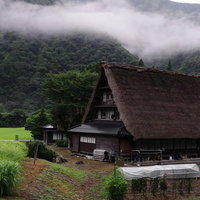 霧に包まれた菅沼集落の合掌造りの家と山間の朝霧風景の写真
