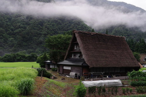 霧に包まれた菅沼集落の合掌造りの家と山間の朝霧風景