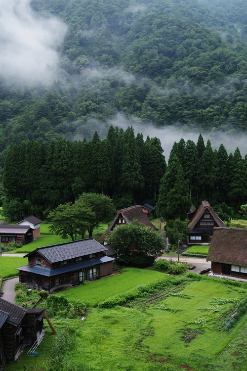 俯瞰して見る早朝の菅沼集落、茅葺屋根と田畑が広がる富山県南砺市