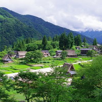 緑の山々に囲まれた相倉合掌造り集落を一望するの写真