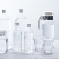 白背景に並ぶミネラルウォーターのポットとペットボトルの写真