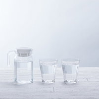 ミネラルウォーターの入ったグラスとガラスポットの写真