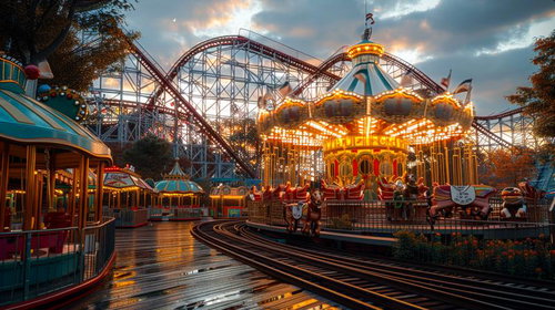 夕暮れにライトアップしたジェットコースターと古びた遊園地
