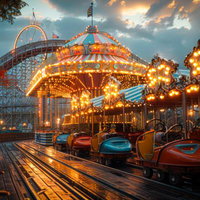 夜明け前の遊園地ゴーカートゾーン、ライトアップされた乗り物たちの写真