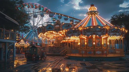 雨上がりの遊園地で夕暮れ時にライトアップするメリーゴーランドと観覧車