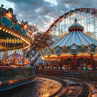 ライトアップされた夕闇に浮かぶ遊園地のメリーゴーランドとジェットコースターの写真