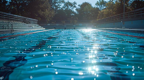 日光がキラキラひかる屋内プールの水面と施設全景