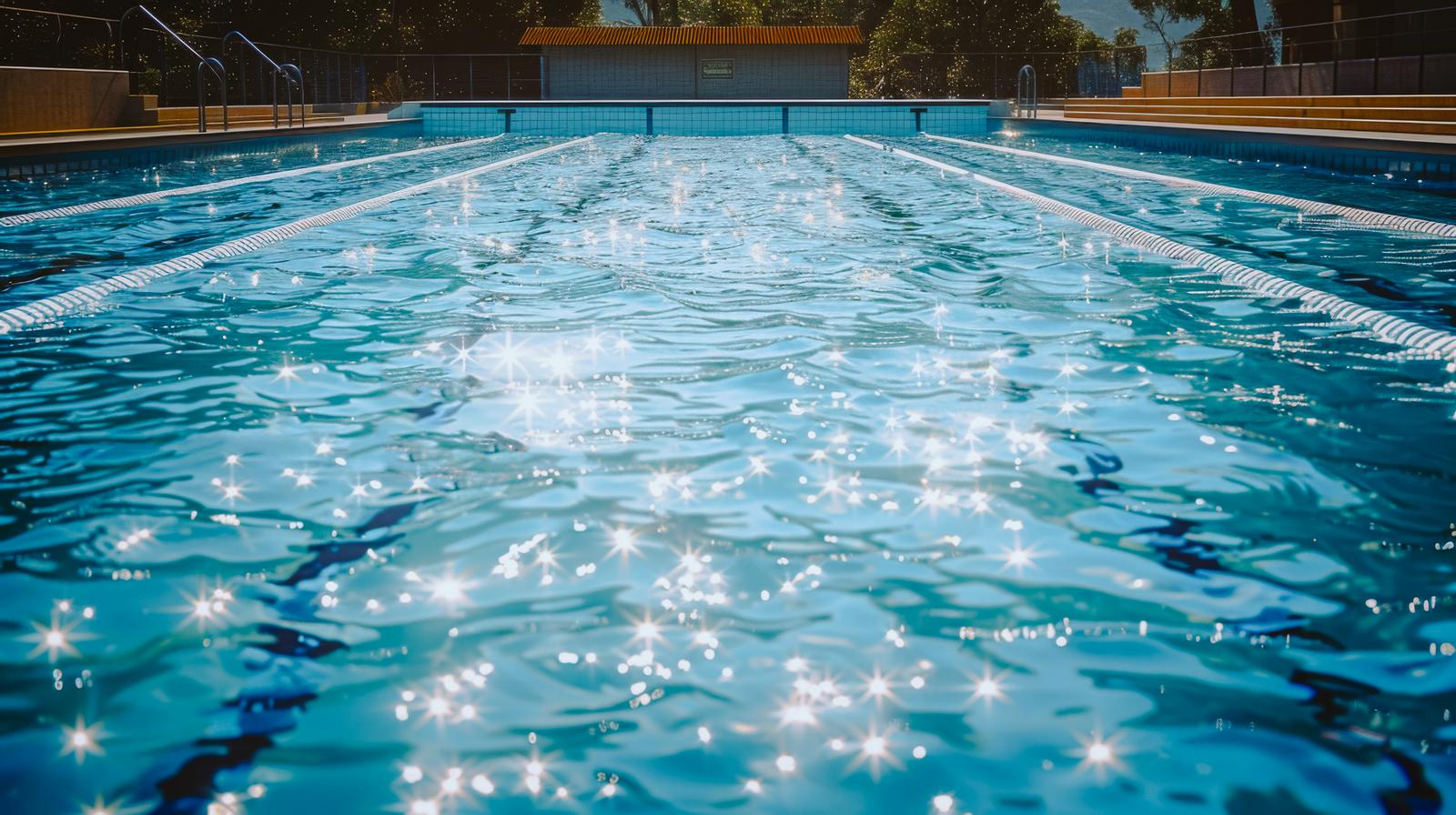 日中の屋外プールで水面にキラキラと光が反射している