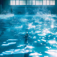 光がキラキラ輝く温水プールの屋内施設、天井高い窓から注ぐ自然光の写真