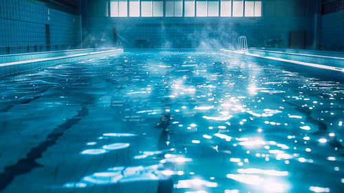 光がキラキラ輝く温水プールの屋内施設、天井高い窓から注ぐ自然光