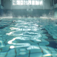 湯気立ち込める屋内温水プール、青く透き通る水面と白い波紋の写真