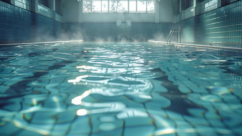 湯気立ち込める屋内温水プール、青く透き通る水面と白い波紋