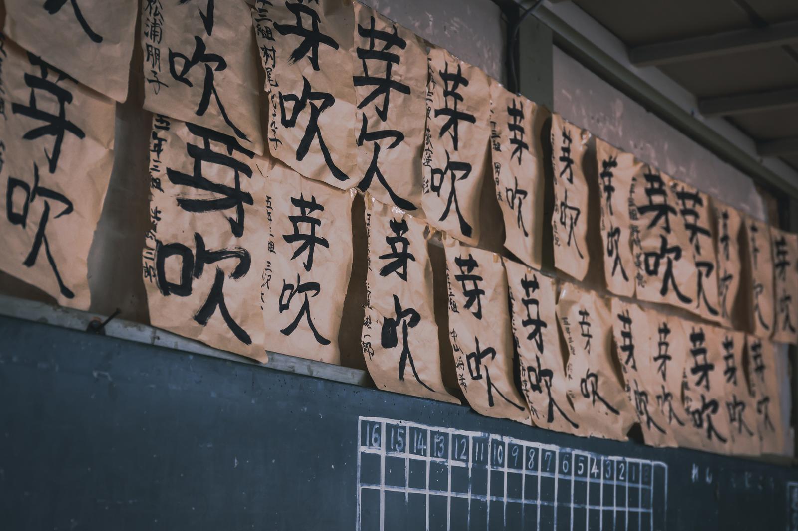 教室の天井から吊るされた複数の書初め作品、黒い毛筆で「芽吹」と書かれている