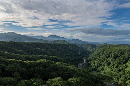 遠景に見る深緑の山々と山間を流れる渓谷の川