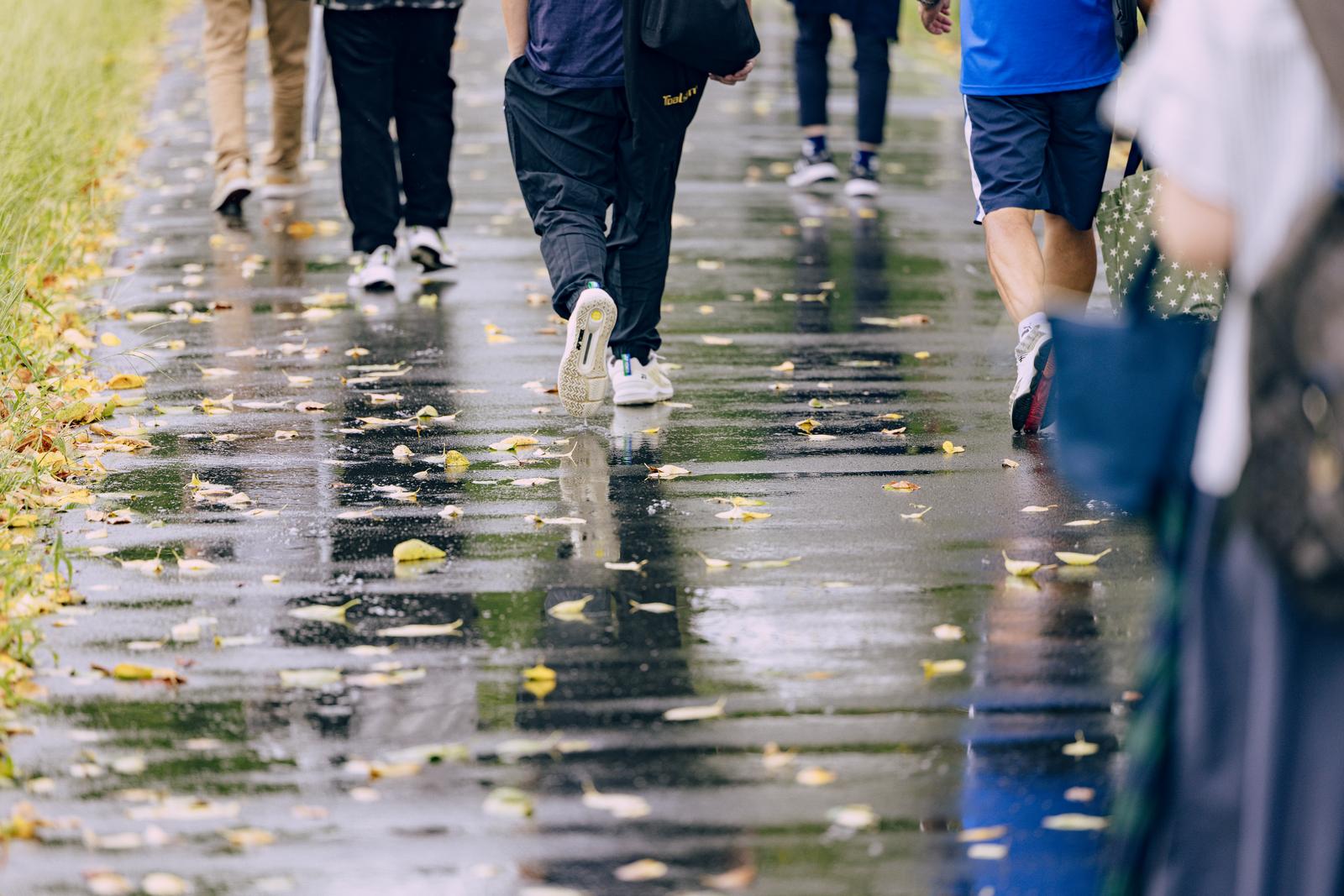 雨に濡れた道でランニングする人たちの足元。黄色い落ち葉が散っている