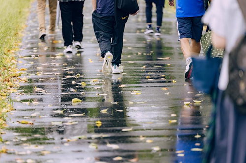 イチョウの落ち葉が散る雨の道を歩く人たちの足元