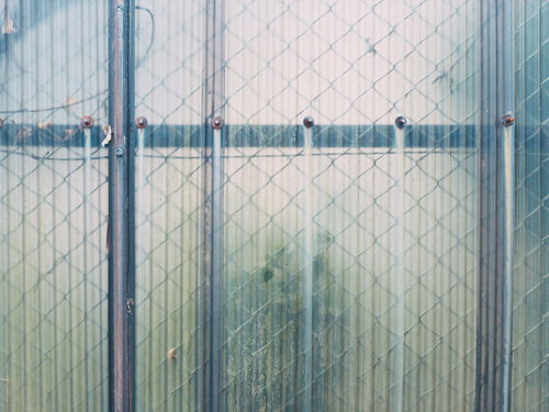 金網フェンス越しに見えるポリカ波板のテクスチャー