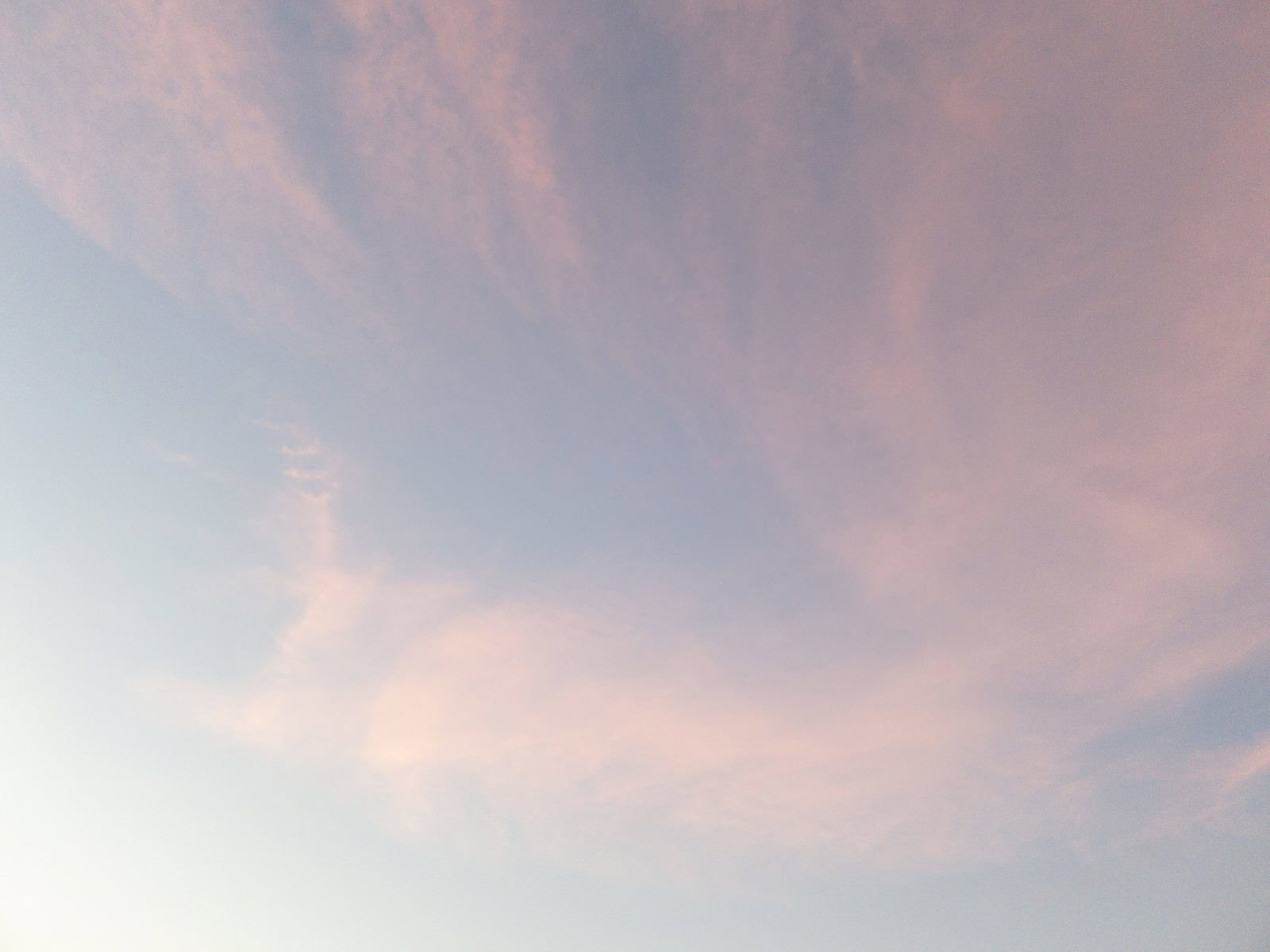 夕暮れ時のオレンジとピンクに染まった空に薄い雲が流れる様子