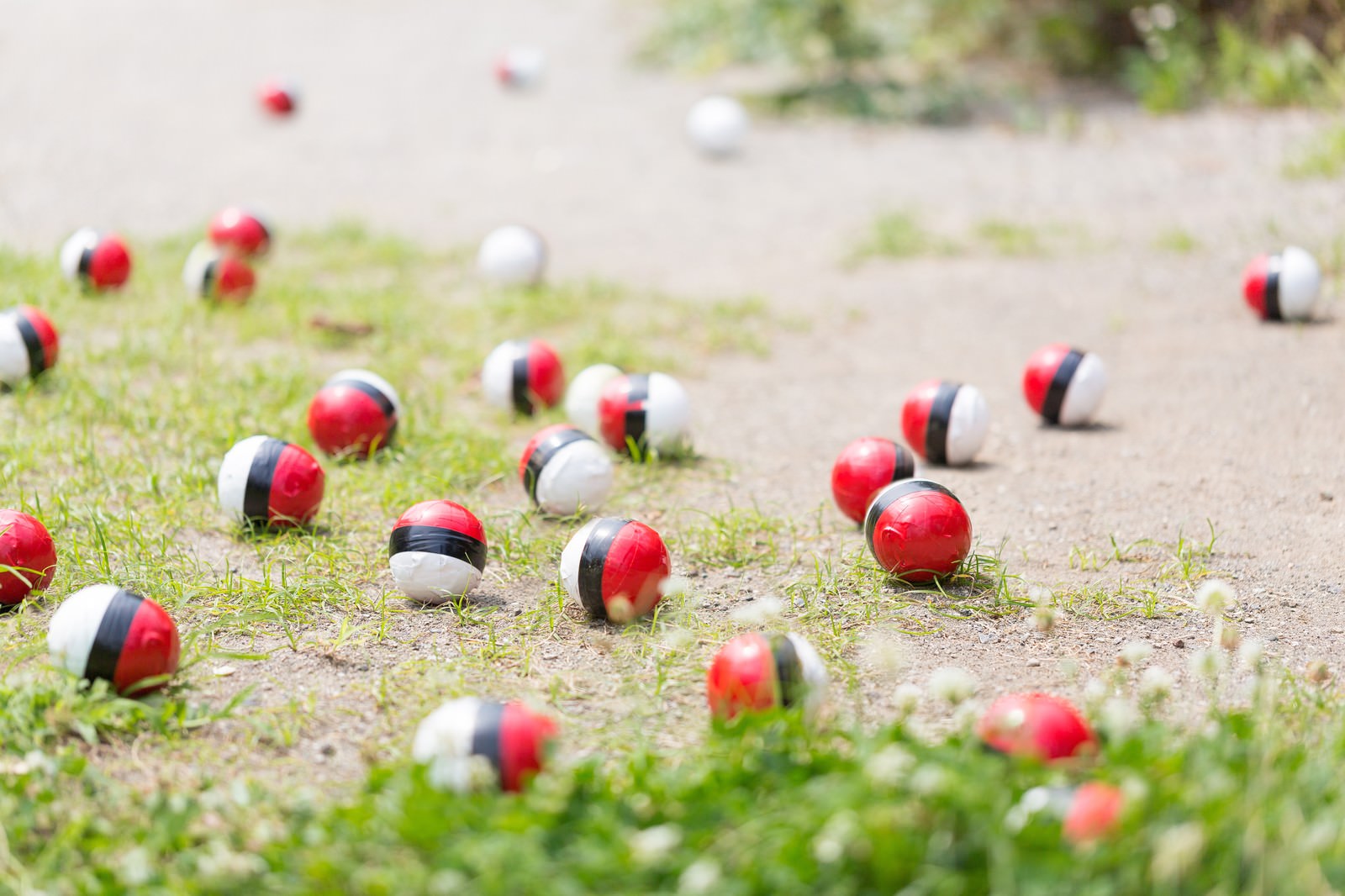 アスファルト上の紅白モンスターボール2個