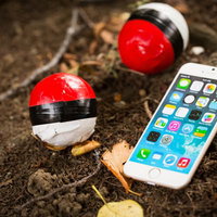 森の奥にレアな紅白ボールを発見、スマートフォンと一緒にの写真